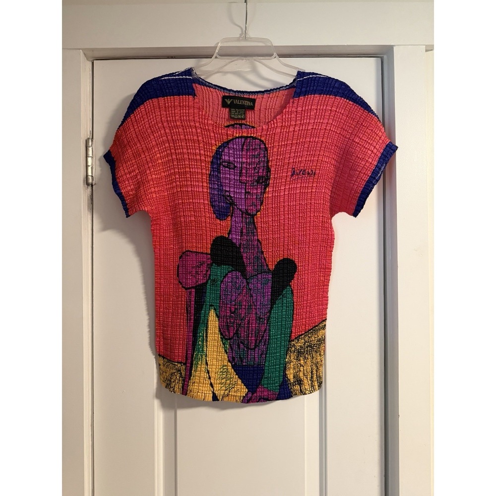 Women's Y2K Crinkle Valentina Picasso Print Abstract Top Shirt Blouse: 90's OS